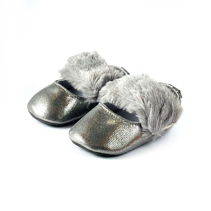 Furry Silver Grey Strap Shoes