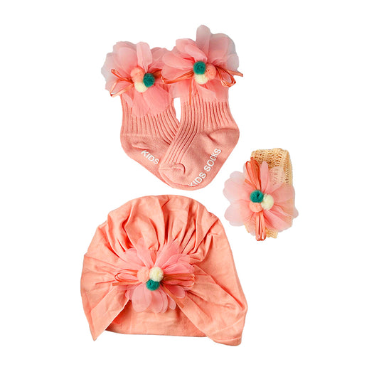 Baby Girl Cap, Socks & Hairband Set-3