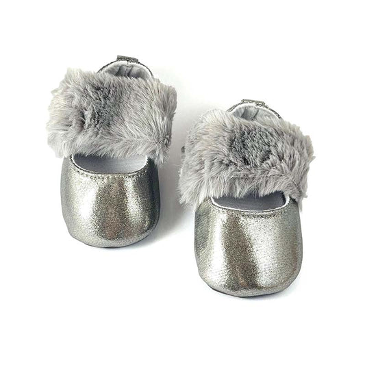 Furry Silver Grey Strap Shoes