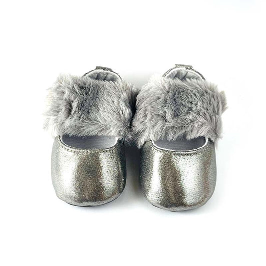 Furry Silver Grey Strap Shoes